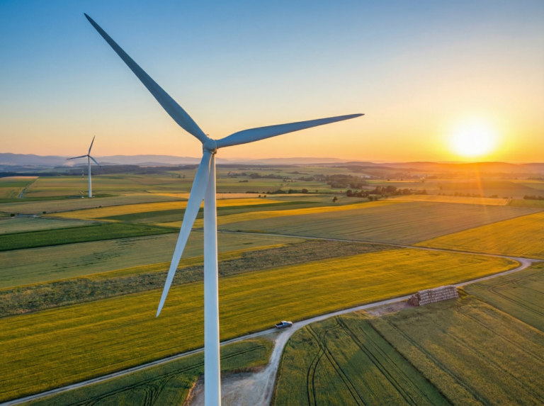 Vue aérienne par drone d'une éolienne au milieu de champs cultivés au coucher du soleil