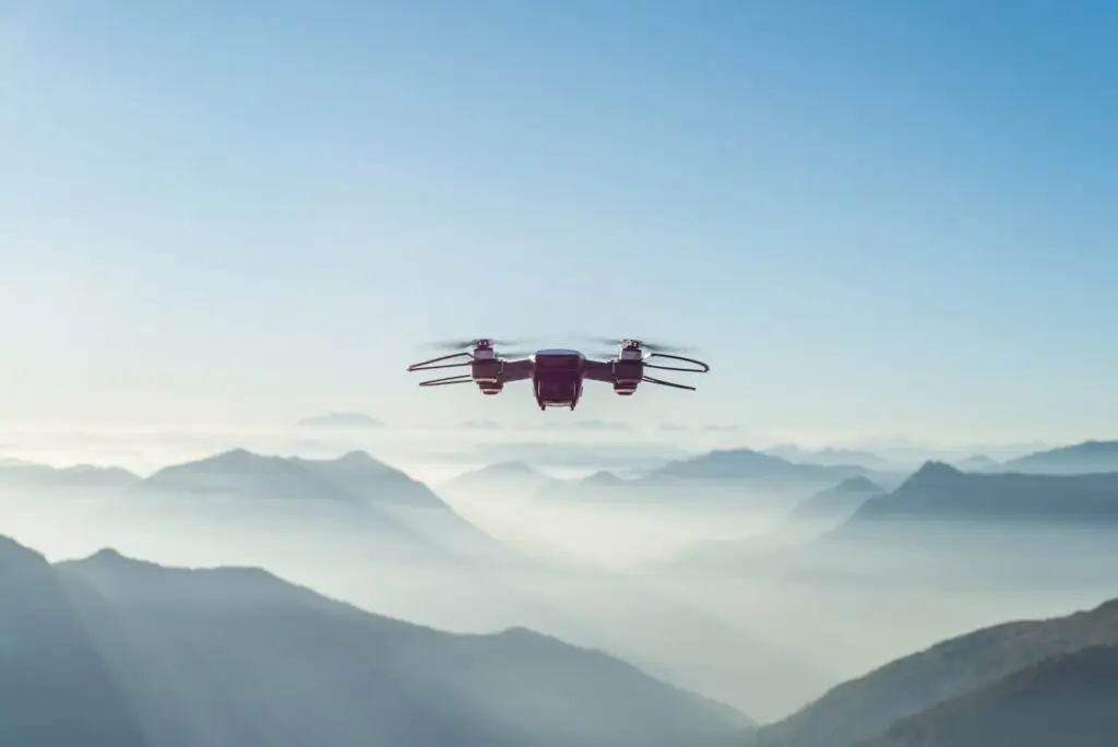 Drone in flight illustrating radiotelephone communications for drone pilots