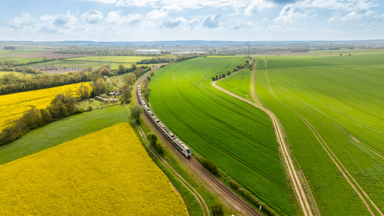 Train SNCF traversant un champ de colza vu par drone