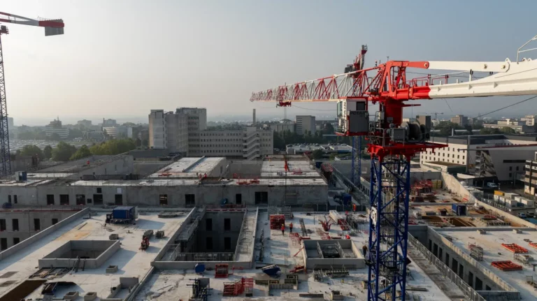Vue aérienne par drone du chantier du CHU de Caen et de ses grues en Normandie