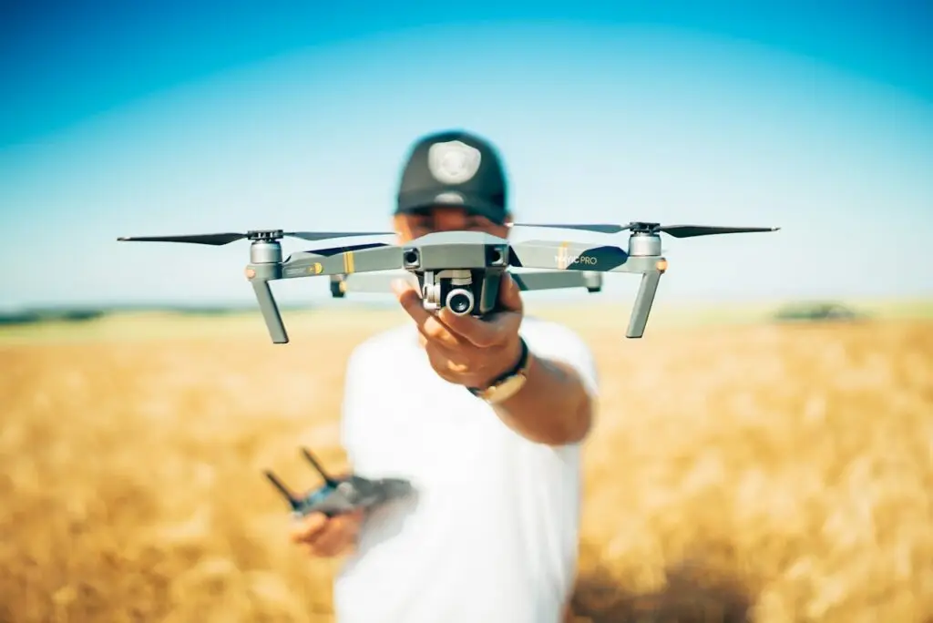 Quadcopter drone in flight illustrating the third-party exclusion zone