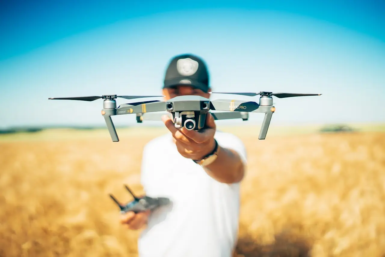 Quadcopter drone in flight illustrating the third-party exclusion zone