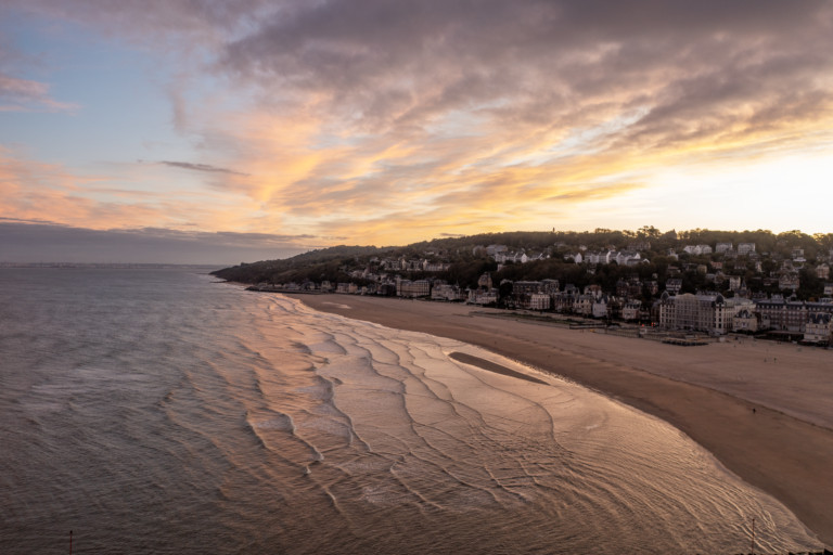 Aerial view of Trouville-sur-Mer in Normandy, taken by drone